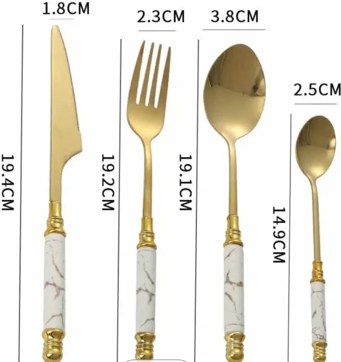 Yerminbeauty Bestekset 6 Persoons 24-delig - Roestvrij Staal - Theelepels, Lepels, Messen & Vorken - Met Houder - Wit-goud Marble - Afbeelding 2