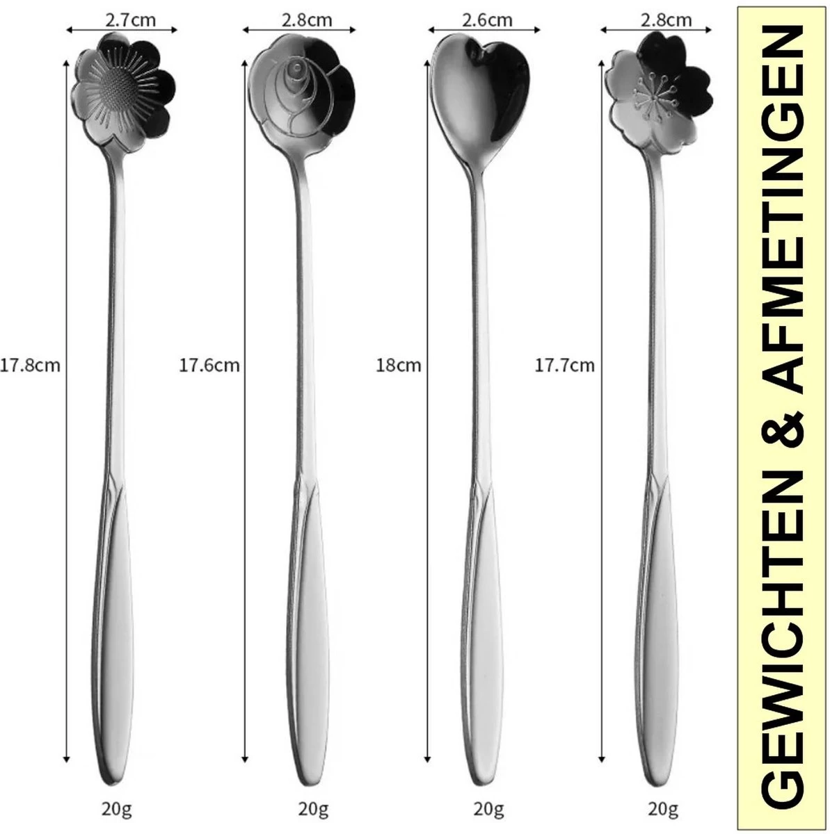 Fako Bijoux® - 4 Lange Lepels Bloem Motief - Latte Macchiato - Longdrink - Cocktail - Dessert - IJs - Koffie - Goud - 4 Stuks - Bewaarzakje - Afbeelding 2