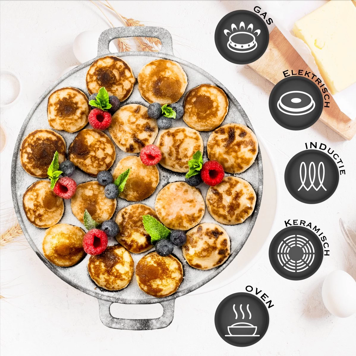 IRONO Poffertjespan Set - Incl. Doseerfles, Kwast En Vork - Poffertjespan Inductie En Electrisch - Poffertjesmaker 19 Poffertjes - Poffertjes Maken - Spuitfles - Cadeau Voor Mannen En Vrouwen - Afbeelding 3