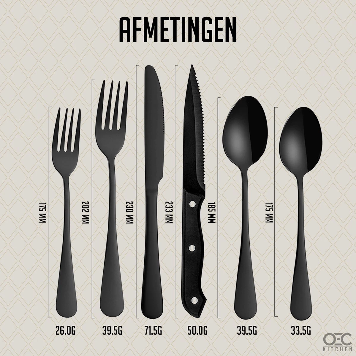 OEC Kitchen Bestekset 36-delig - Zwart - 6 Persoons - Steakmessen - Messen - Vorken - Lepels - RVS - Afbeelding 7