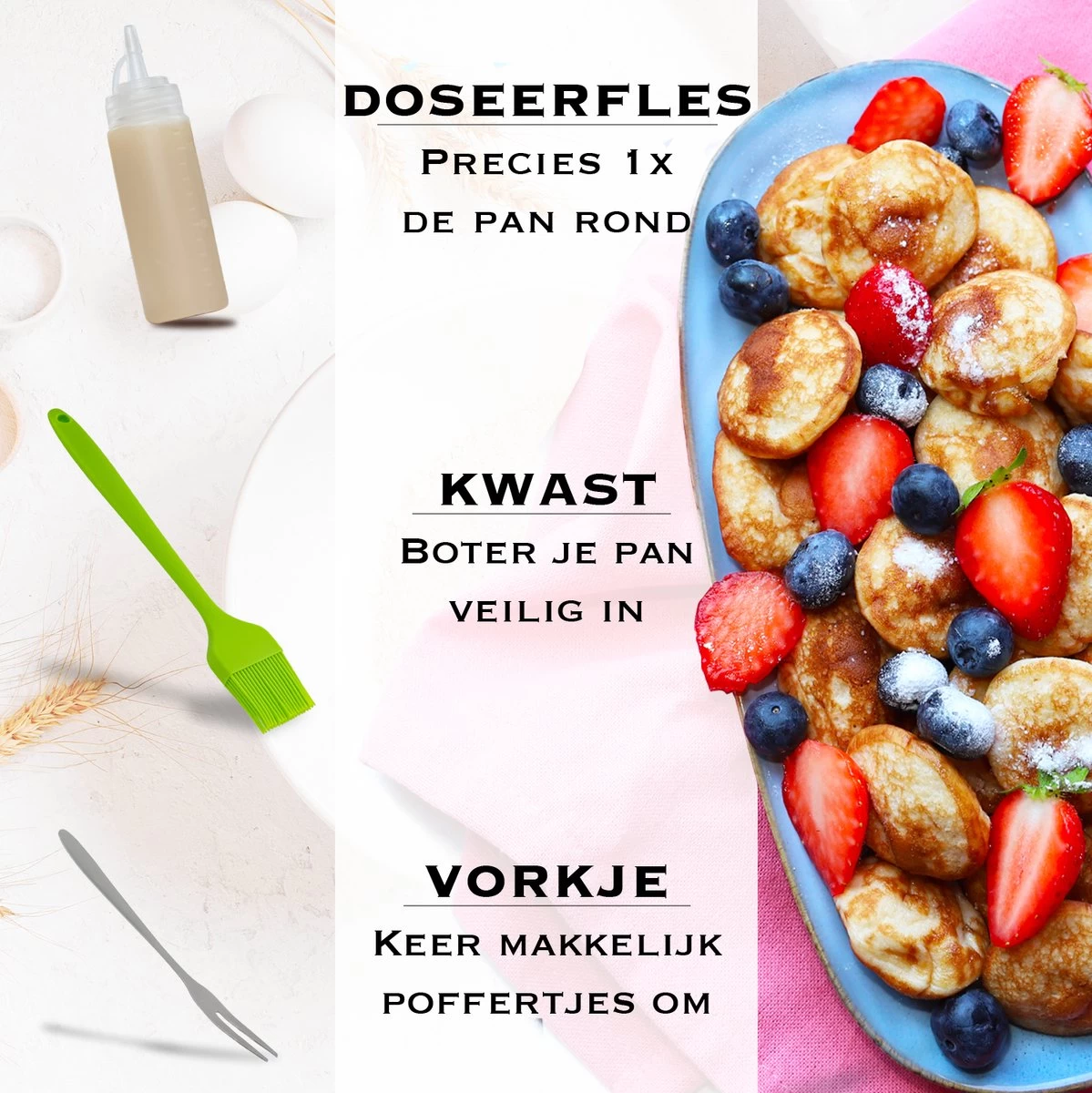 IRONO Poffertjespan Set - Incl. Doseerfles, Kwast En Vork - Poffertjespan Inductie En Electrisch - Poffertjesmaker 19 Poffertjes - Poffertjes Maken - Spuitfles - Cadeau Voor Mannen En Vrouwen - Afbeelding 4