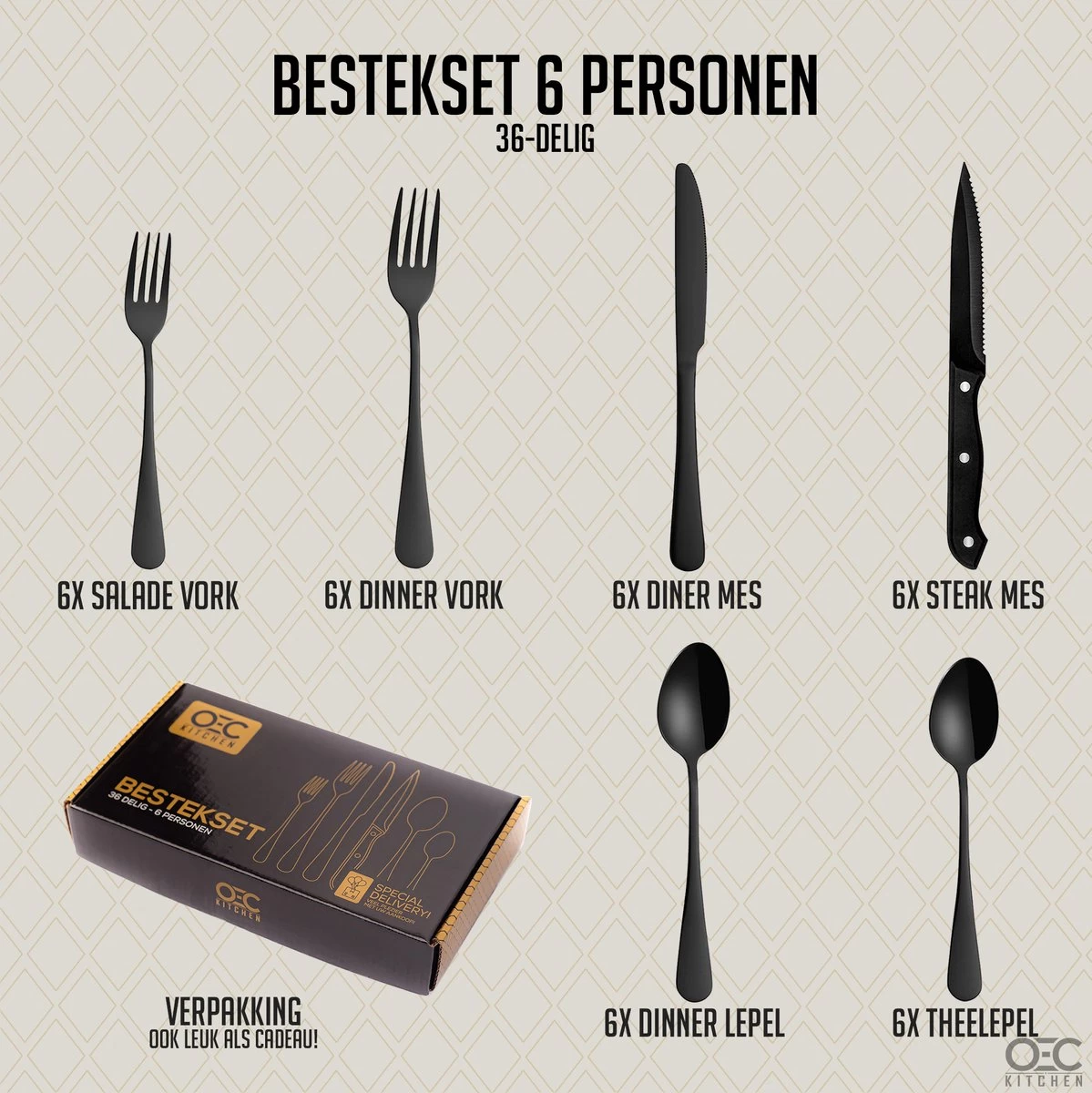 OEC Kitchen Bestekset 36-delig - Zwart - 6 Persoons - Steakmessen - Messen - Vorken - Lepels - RVS - Afbeelding 2