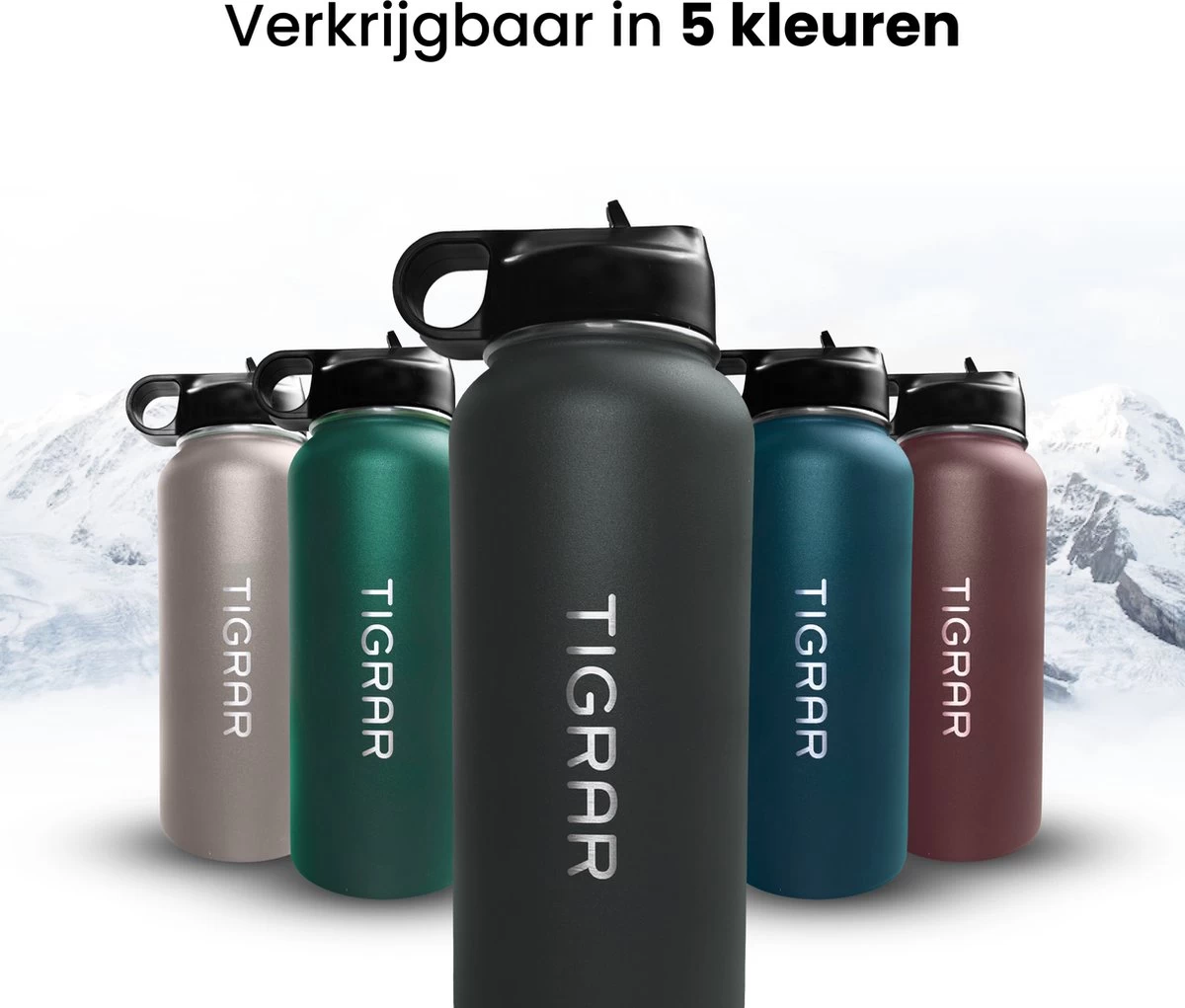 Tigrar - Drinkfles - Waterfles - Thermosfles 1 Liter - RVS - (Grafiet) Zwart - Incl. Extra Dop 3 Rietjes En Reiniger - Afbeelding 8