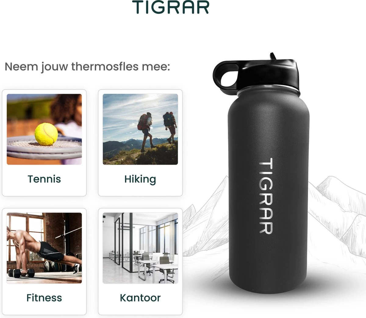 Tigrar - Drinkfles - Waterfles - Thermosfles 1 Liter - RVS - (Grafiet) Zwart - Incl. Extra Dop 3 Rietjes En Reiniger - Afbeelding 9