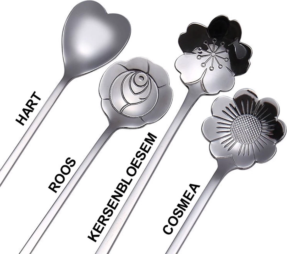 Fako Bijoux® - 4 Lange Lepels Bloem Motief - Latte Macchiato - Longdrink - Cocktail - Dessert - IJs - Koffie - Goud - 4 Stuks - Bewaarzakje - Afbeelding 3