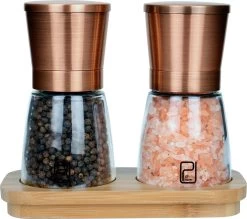Peper En Zoutmolen Set Van 2 - Koperen Pepermolen En Zoutmolen - Koper RVS - Verstelbare Maalgraad - Bamboe Houder