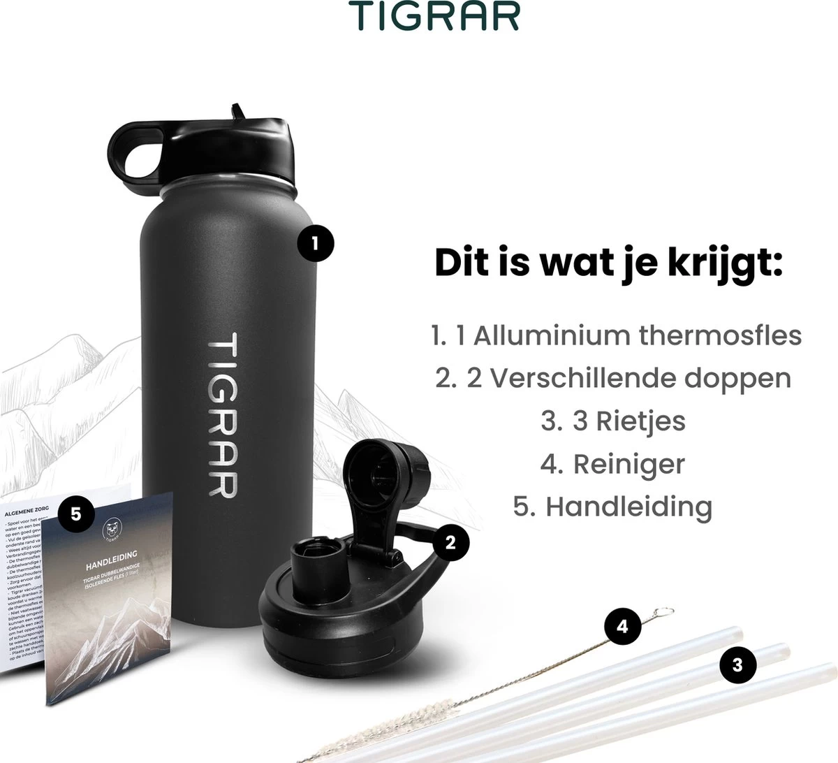 Tigrar - Drinkfles - Waterfles - Thermosfles 1 Liter - RVS - (Grafiet) Zwart - Incl. Extra Dop 3 Rietjes En Reiniger - Afbeelding 7