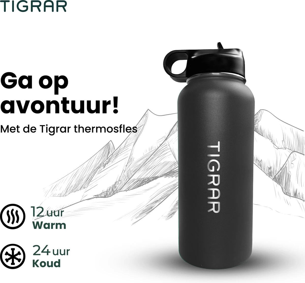 Tigrar - Drinkfles - Waterfles - Thermosfles 1 Liter - RVS - (Grafiet) Zwart - Incl. Extra Dop 3 Rietjes En Reiniger - Afbeelding 6