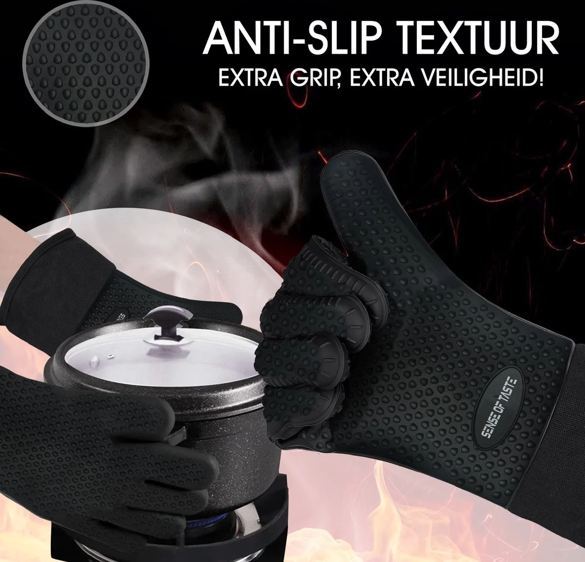 Sense Of Taste Ovenwanten - 2 Stuks - Ovenhandschoenen - Hittebestendig - 230°C - Siliconen - Zwart - Koken - Extra Lang - Afbeelding 8