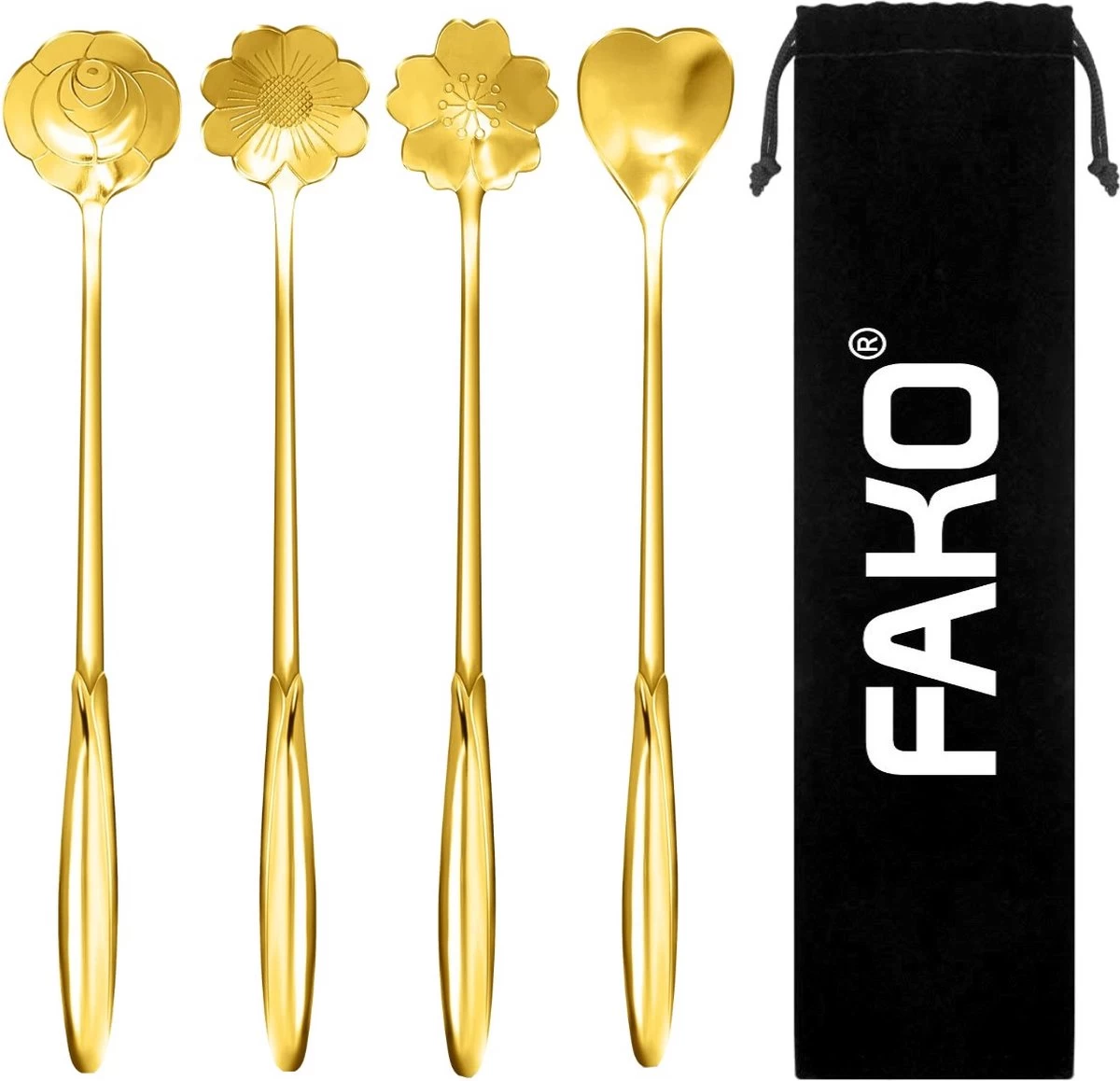 Fako Bijoux® - 4 Lange Lepels Bloem Motief - Latte Macchiato - Longdrink - Cocktail - Dessert - IJs - Koffie - Goud - 4 Stuks - Bewaarzakje