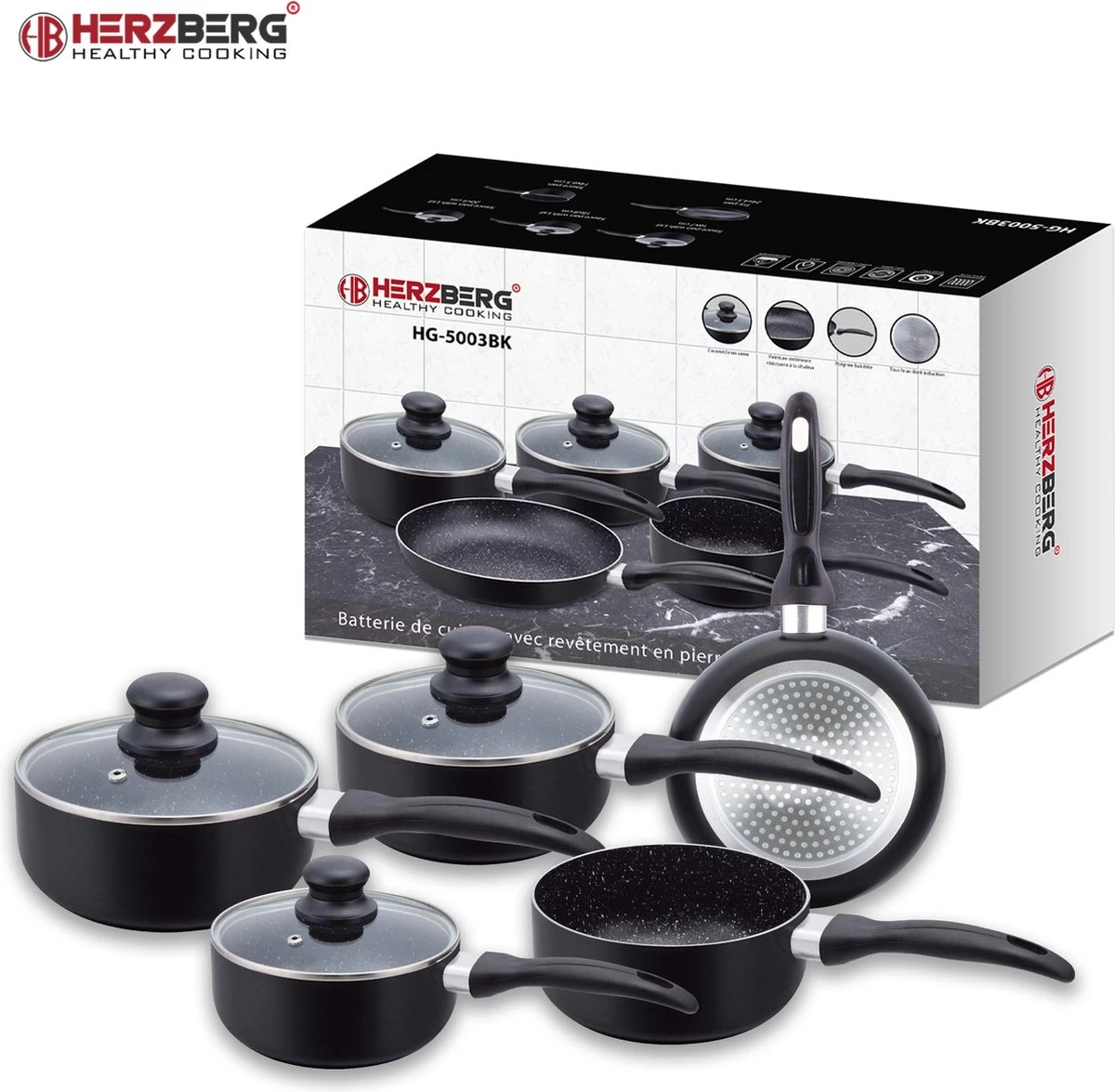 Herzberg HG-5003BK: 8 Pieces Marble Cookware Set - Black - Afbeelding 3
