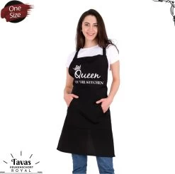 Merkloos Royal Keukenschort Zwart | 60x80 Cm | Queen Of The Kitchen | Kookschort Met Zakken | Keukenschort Dames | Keukenschort Voor Vrouwen | Cadeutje- Kado | Kook- BBQ