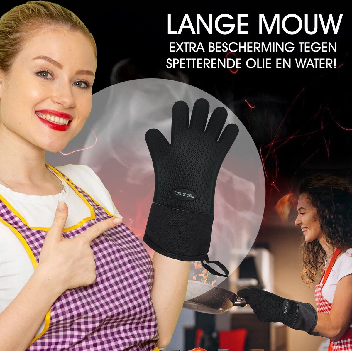 Sense Of Taste Ovenwanten - 2 Stuks - Ovenhandschoenen - Hittebestendig - 230°C - Siliconen - Zwart - Koken - Extra Lang - Afbeelding 3