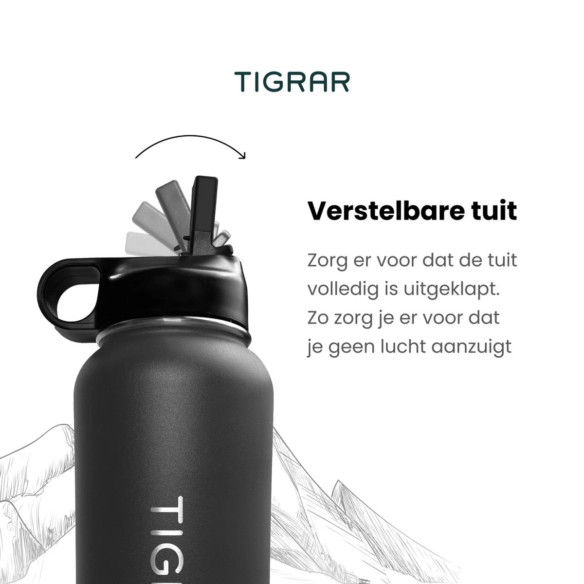 Tigrar - Drinkfles - Waterfles - Thermosfles 1 Liter - RVS - (Grafiet) Zwart - Incl. Extra Dop 3 Rietjes En Reiniger - Afbeelding 4