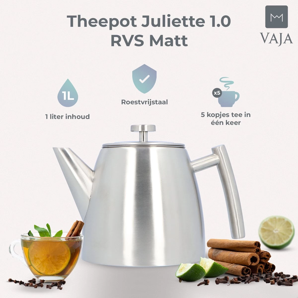 Vaja® Theepot Camille Met Filter - Zilver - 1.0L - RVS Dubbelwandig - Theekan - Afbeelding 5
