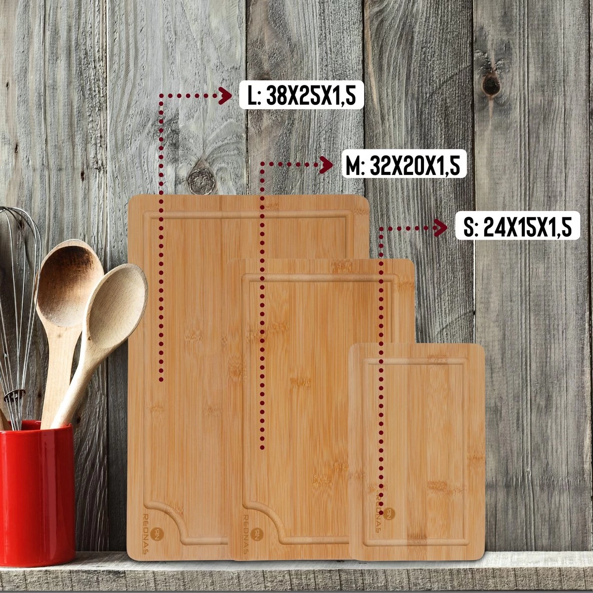 Rednas Bamboe Snijplank - Snijplanken Set - Borrelplank - Serveerplank - 3-delig - Hygiënisch En Duurzaam - Afbeelding 4