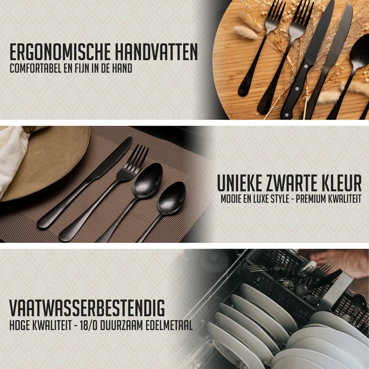 OEC Kitchen Bestekset 36-delig - Zwart - 6 Persoons - Steakmessen - Messen - Vorken - Lepels - RVS - Afbeelding 6