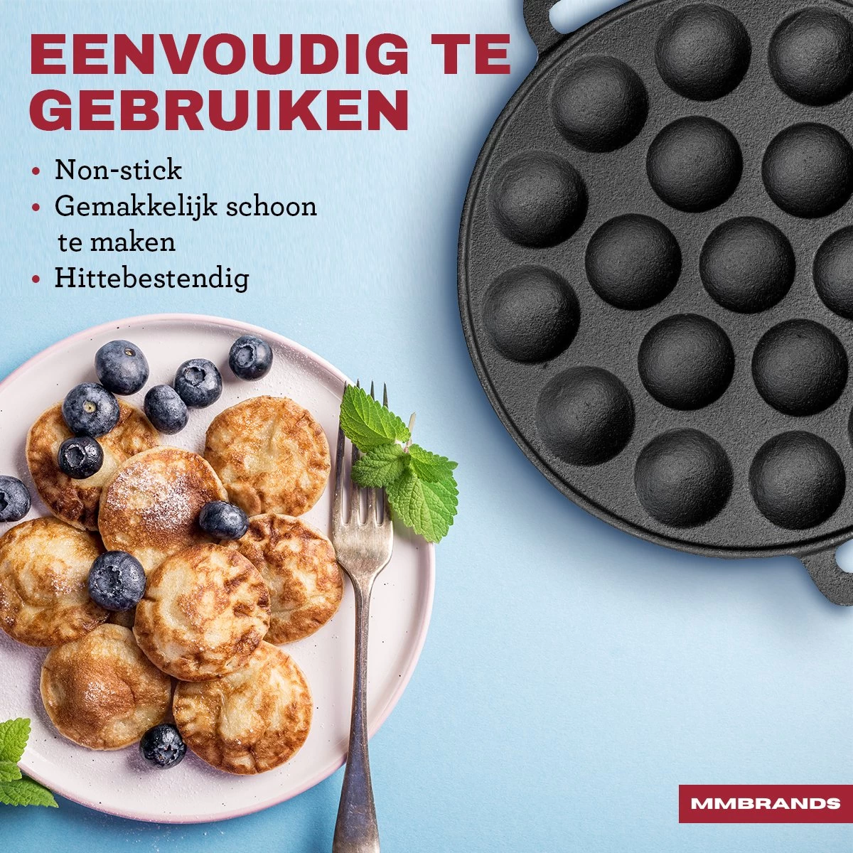 MM Brands Poffertjespan - Poffertjesmaker - Inductie / Oven / BBQ - Inclusief Handvat, Borstel En Vorken - Afbeelding 5