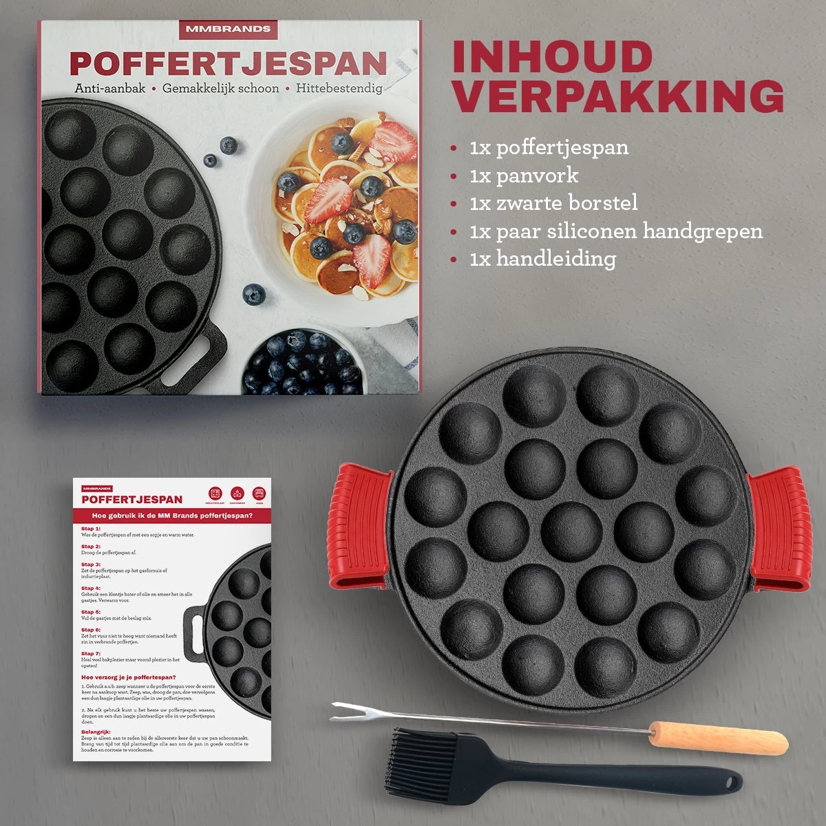 MM Brands Poffertjespan - Poffertjesmaker - Inductie / Oven / BBQ - Inclusief Handvat, Borstel En Vorken - Afbeelding 7