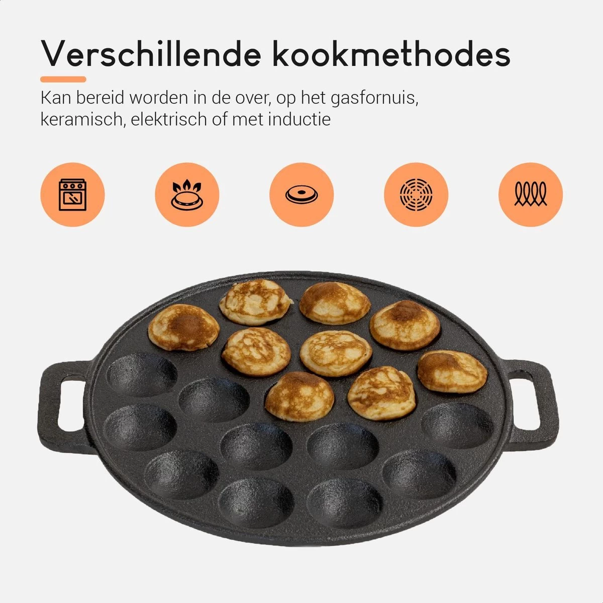 Ocina Poffertjespan– 19 Poffertjes – Poffertjesmaker – Poffertjespan Inductie – Poffertjespan Electrisch – Gietijzeren Pan – Inclusief Warmtebestendige Handvaten– Gratis Receptenboek - Afbeelding 4