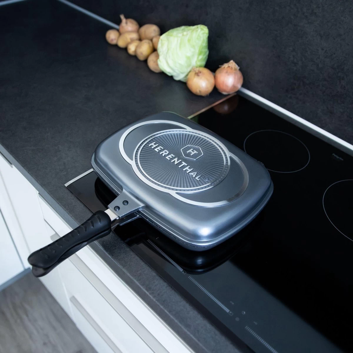 Herenthal Dubbele Grillpan - Ø 28 Cm - Koekenpan - Keramische Pan - Marmeren Coating Met Antiaanbaklaag - PFAS & PFOA Vrij - Pan - Grill - Vermindert Geur, Rook En Oliespatten - Zilver - Afbeelding 4