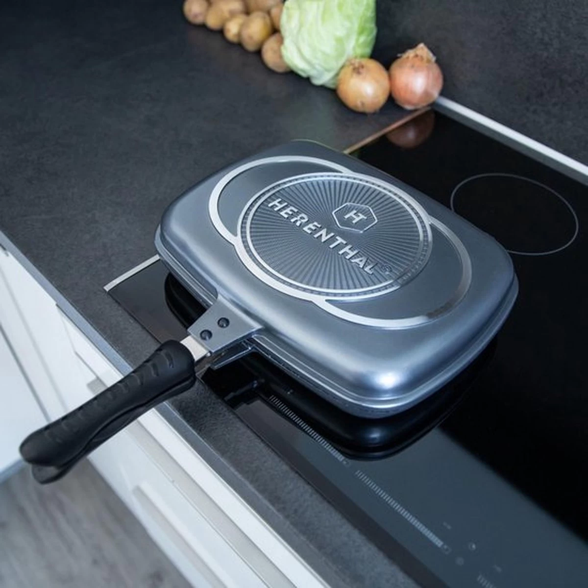 Herenthal Dubbele Grillpan - Ø 28 Cm - Koekenpan - Keramische Pan - Marmeren Coating Met Antiaanbaklaag - PFAS & PFOA Vrij - Pan - Grill - Vermindert Geur, Rook En Oliespatten - Zilver - Afbeelding 12