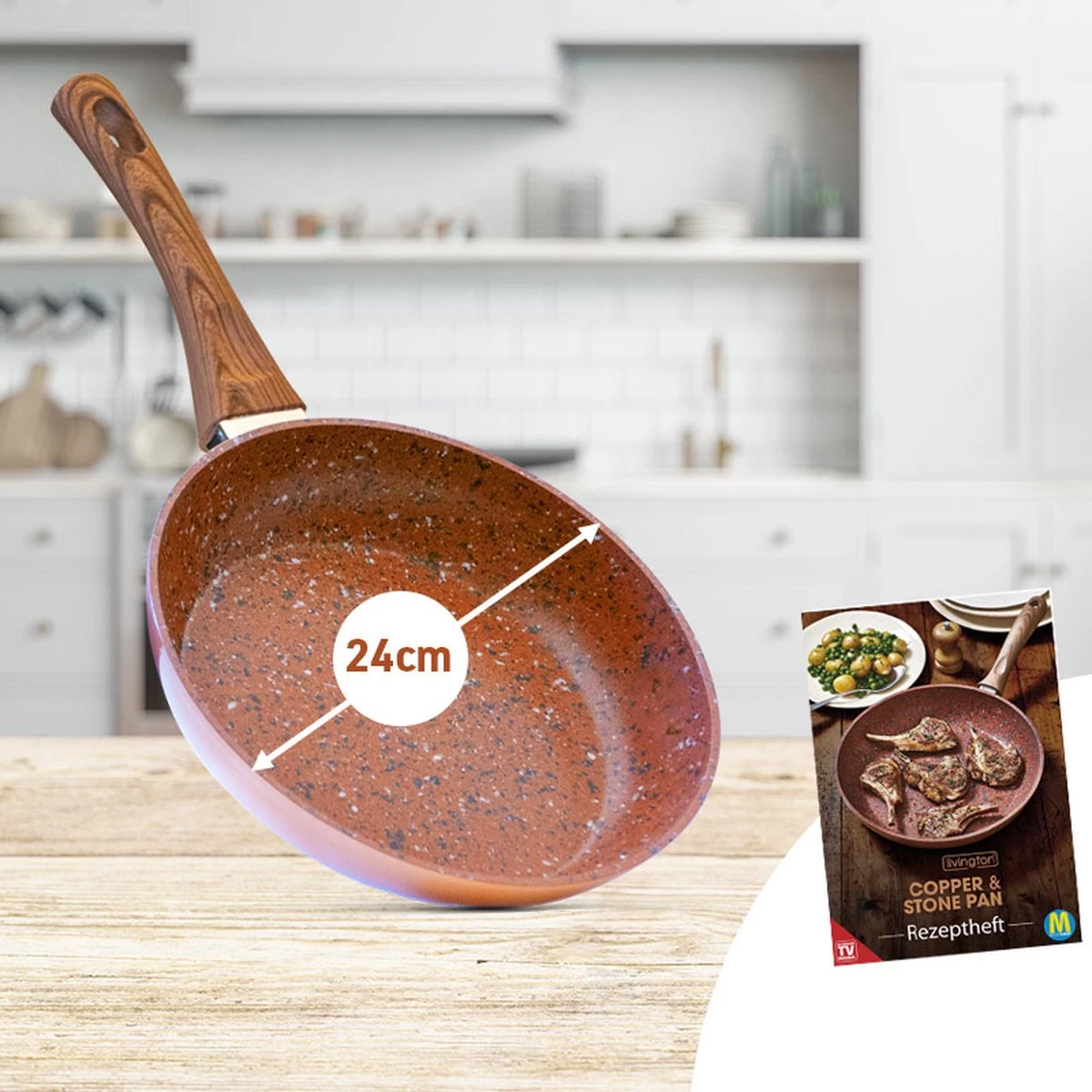 Livington Copper & Stone Pan - 24cm Koekenpan- Anti-aanbaklaag En Krasbestendig - Graniet Look - Binnenste Steenlaag Voor Perfecte Warmteverdeling - Geschikt Voor Ceran, Gas, Elektrisch, Inductie - Afbeelding 5