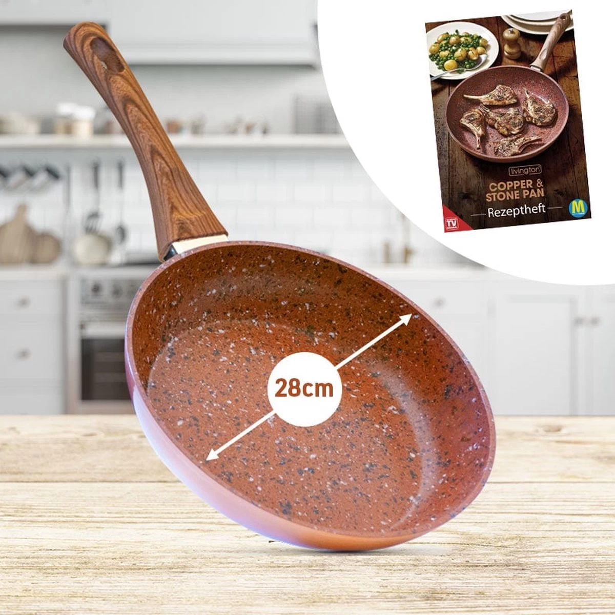Livington Copper & Stone Pan - 24cm Koekenpan- Anti-aanbaklaag En Krasbestendig - Graniet Look - Binnenste Steenlaag Voor Perfecte Warmteverdeling - Geschikt Voor Ceran, Gas, Elektrisch, Inductie - Afbeelding 7