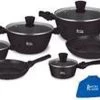 Royal Swiss 21-delige Steengoeden Pannenset Met 10 Afneembare Handvaten, Bestaat Uit 4 Pannen + 2 Steelpannen + 4 Deksels+ 2 Accessoires. Kleur Zwart