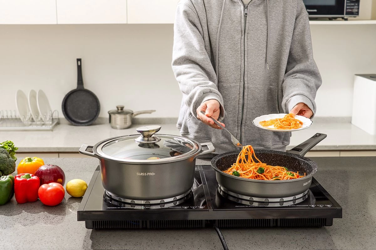 Swiss Pro+ | Set 14 Delige Pannenset | Inductie - Pannensets - Glazen Deksel - Met Afneembare Handgreep - Marmeren Interieur -PFAS-vrij | Grey / Silver - Afbeelding 3