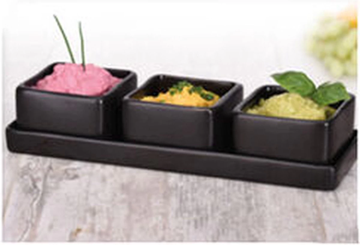 Excellent Houseware Amuse/tapas/saus Schaaltjes Met Serveerplankje - Aardewerk - Mat Zwart - Afbeelding 2