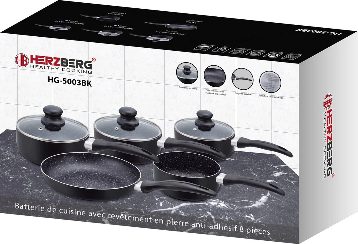 Herzberg HG-5003BK: 8 Pieces Marble Cookware Set - Black - Afbeelding 4