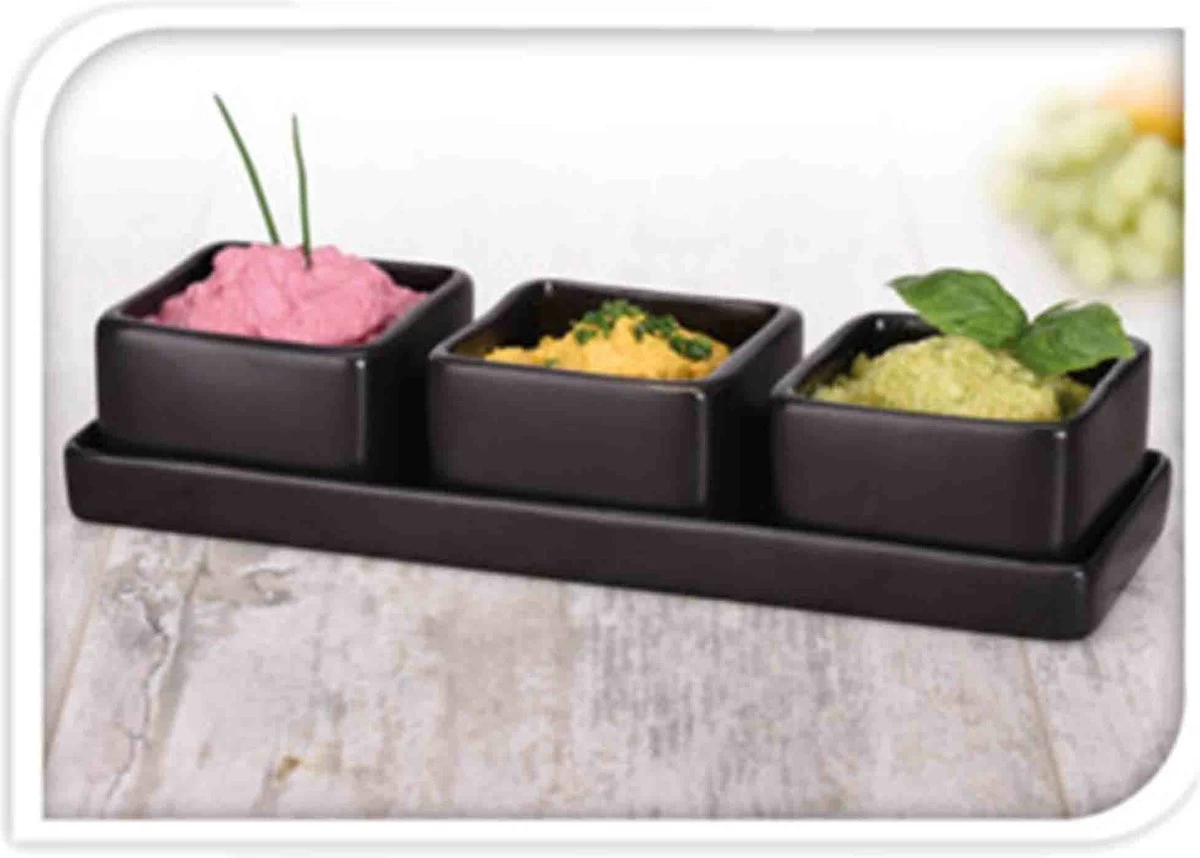 Excellent Houseware Amuse/tapas/saus Schaaltjes Met Serveerplankje - Aardewerk - Mat Zwart - Afbeelding 3