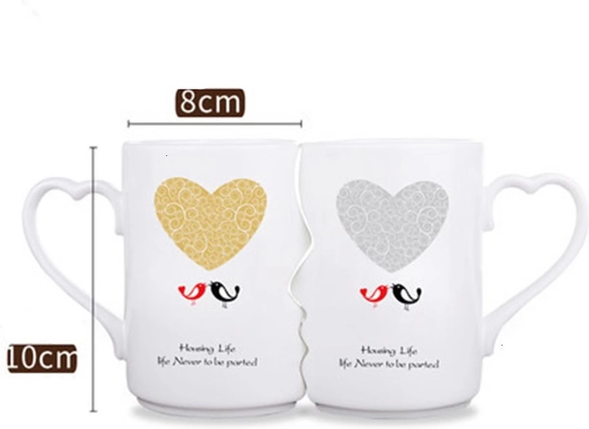 Faseras Liefdesmok/Couple Mok - Liefdesgeschenk - Huwelijksgeschenk - Hartje/Vogeltje - Porselein - 360ml - Wit - Afbeelding 4