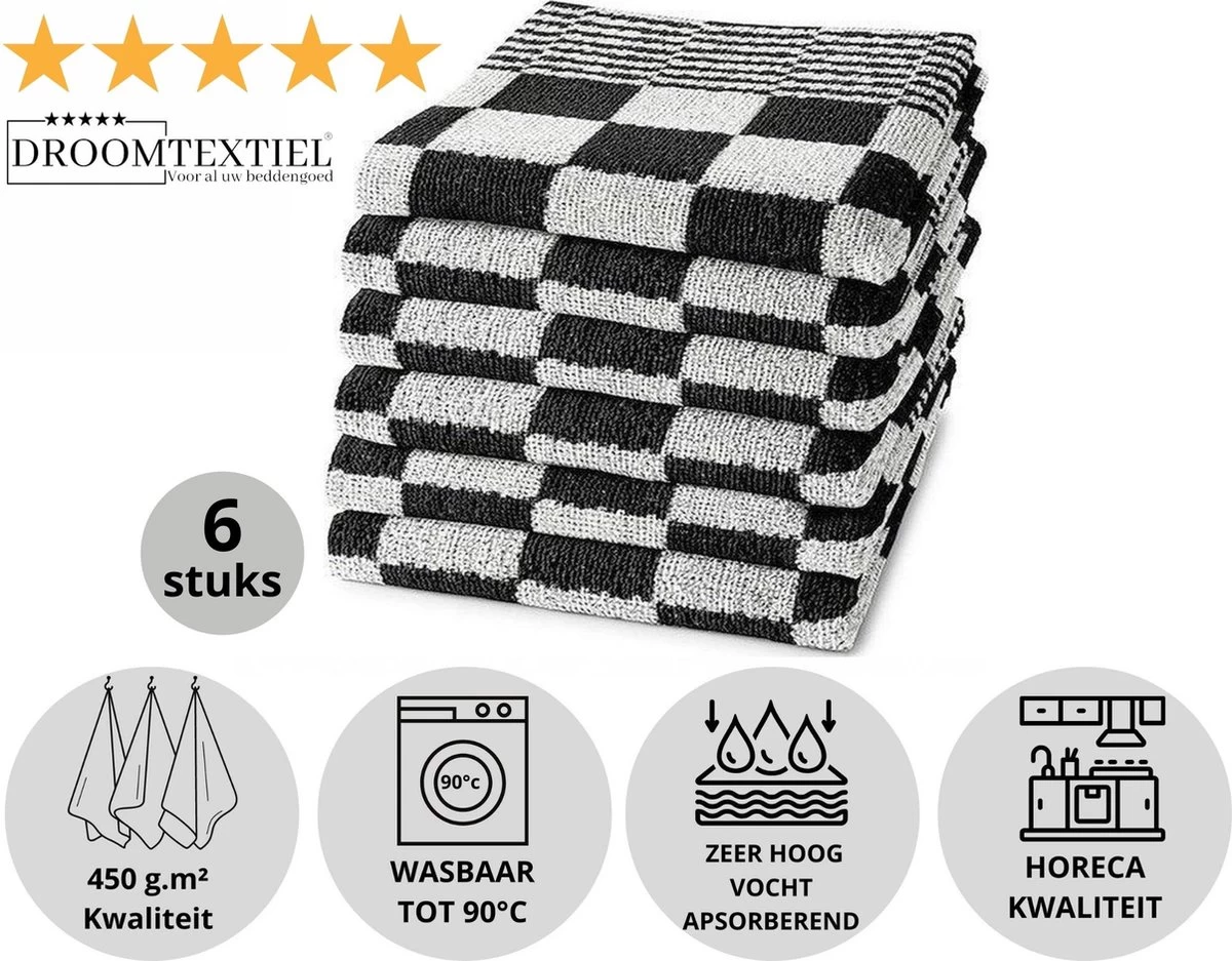 Droomtexiel® Horeca Kwaliteit Katoenen Theedoeken & Keukendoeken Set - 6x Theedoeken + 6x Keukendoeken - Zwart Wit - - Afbeelding 10