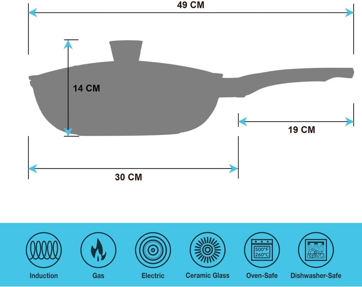Marble Coating Wokpan Inductie - Met Glazen Deksel - Zwart - 30 Cm - Afbeelding 5