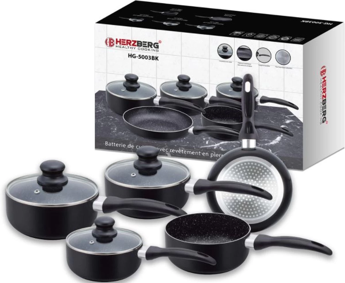 Herzberg HG-5003BK: 8 Pieces Marble Cookware Set - Black - Afbeelding 6