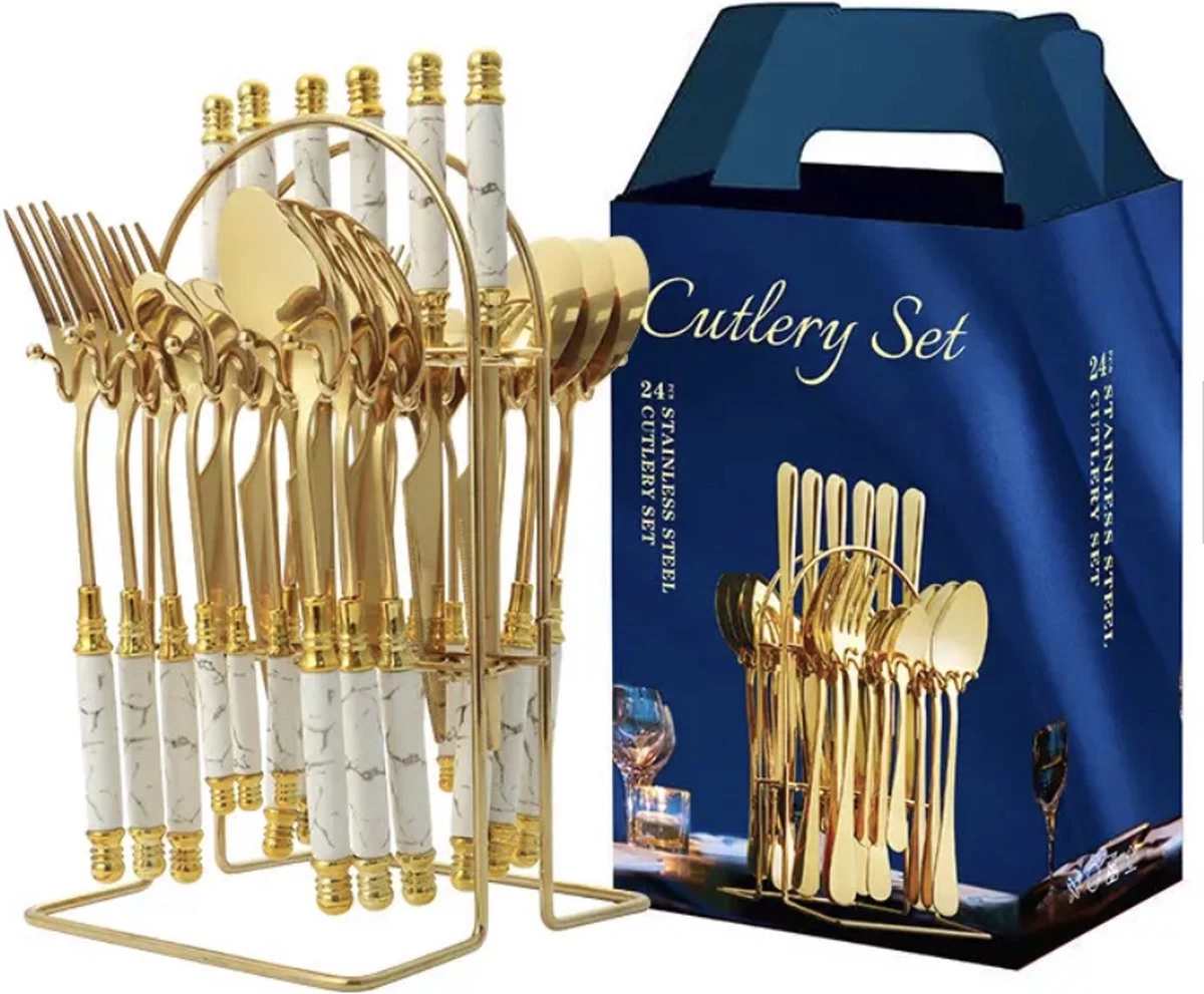 Yerminbeauty Bestekset 6 Persoons 24-delig - Roestvrij Staal - Theelepels, Lepels, Messen & Vorken - Met Houder - Wit-goud Marble