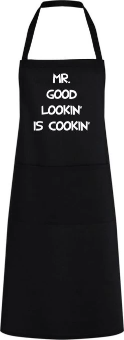 Roly Keukenschort Mr. Good Lookin' Is Cookin' - One Size - Zwart - Vaderdag Cadeau - Papa Cadeau - Cadeau Voor Hem - Cadeau Voor Vader - Keukenschort Met Tekst