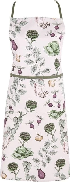 Clayre & Eef Keukenschort 70x85 Cm Beige Groen Katoen Groentes BBQ Schort Cadeau Voor Haar Kookschort