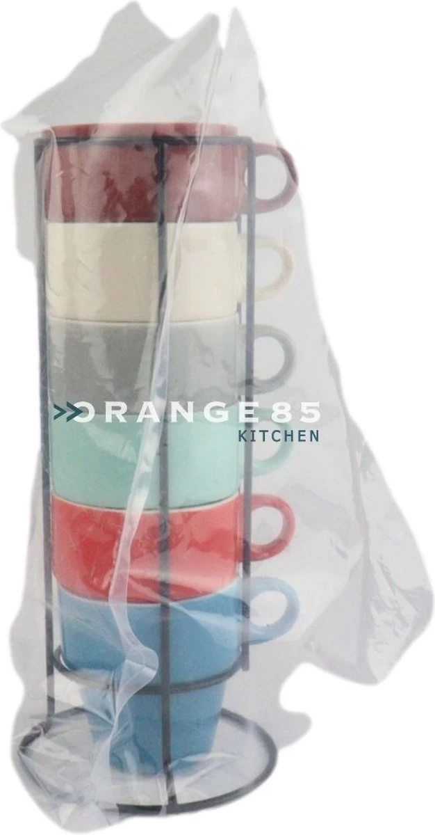 Orange85 Koffiekopjes - Met Houder - Set Van 6 - Gekleurd - 300 Ml - Keramiek - Afbeelding 6