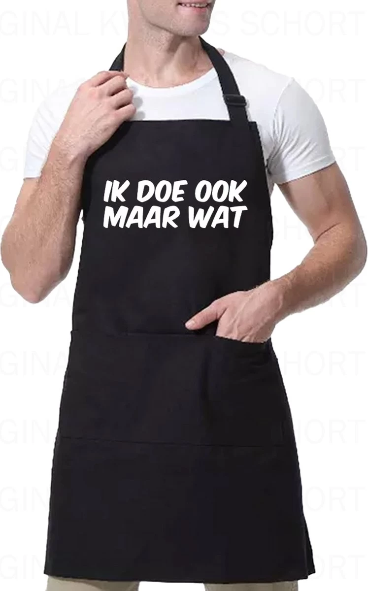 IK DOE OOK MAAR WAT Unisex Schort - Zwart - One Size (volwassenen) - Keuken Schort - Barbeque BBQ Schort - Bedieningsschort - Grappige Teksten - Original Kwoots- Voor Zowel Mannen Als Vrouwen - Verstelbaar - Wasbaar - Cadeau - Apron - Afbeelding 2