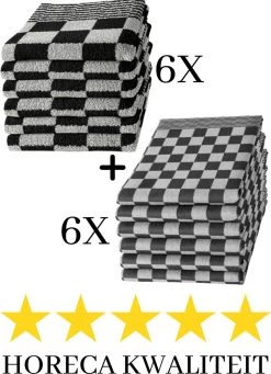 Droomtexiel® Horeca Kwaliteit Katoenen Theedoeken & Keukendoeken Set - 6x Theedoeken + 6x Keukendoeken - Zwart Wit -
