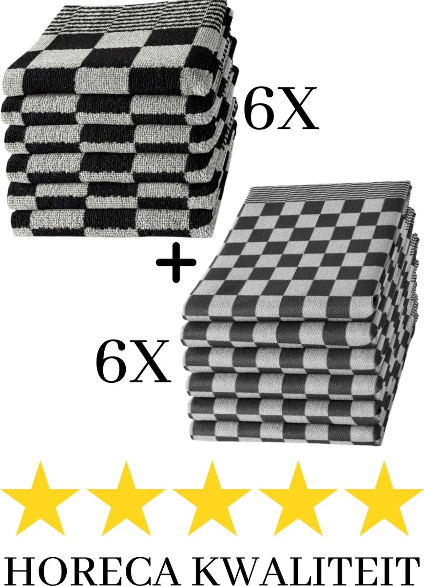 Droomtexiel® Horeca Kwaliteit Katoenen Theedoeken & Keukendoeken Set - 6x Theedoeken + 6x Keukendoeken - Zwart Wit -