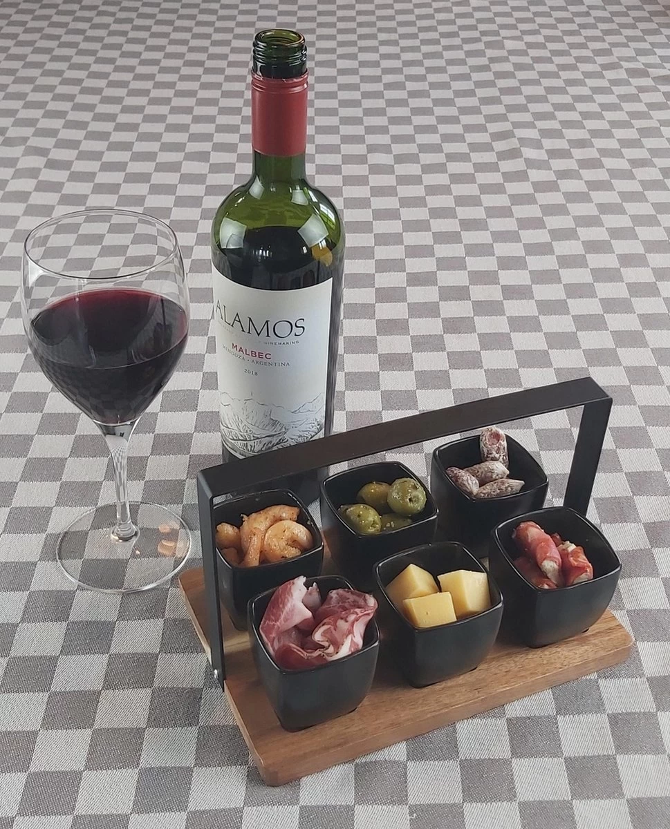 Mica Decorations - Luxe Tapas Set - 6 Zwarte Tapas Schaaltjes Op Houten Tapasplank - Servies - Borrelplank Olijfhout - Afbeelding 2